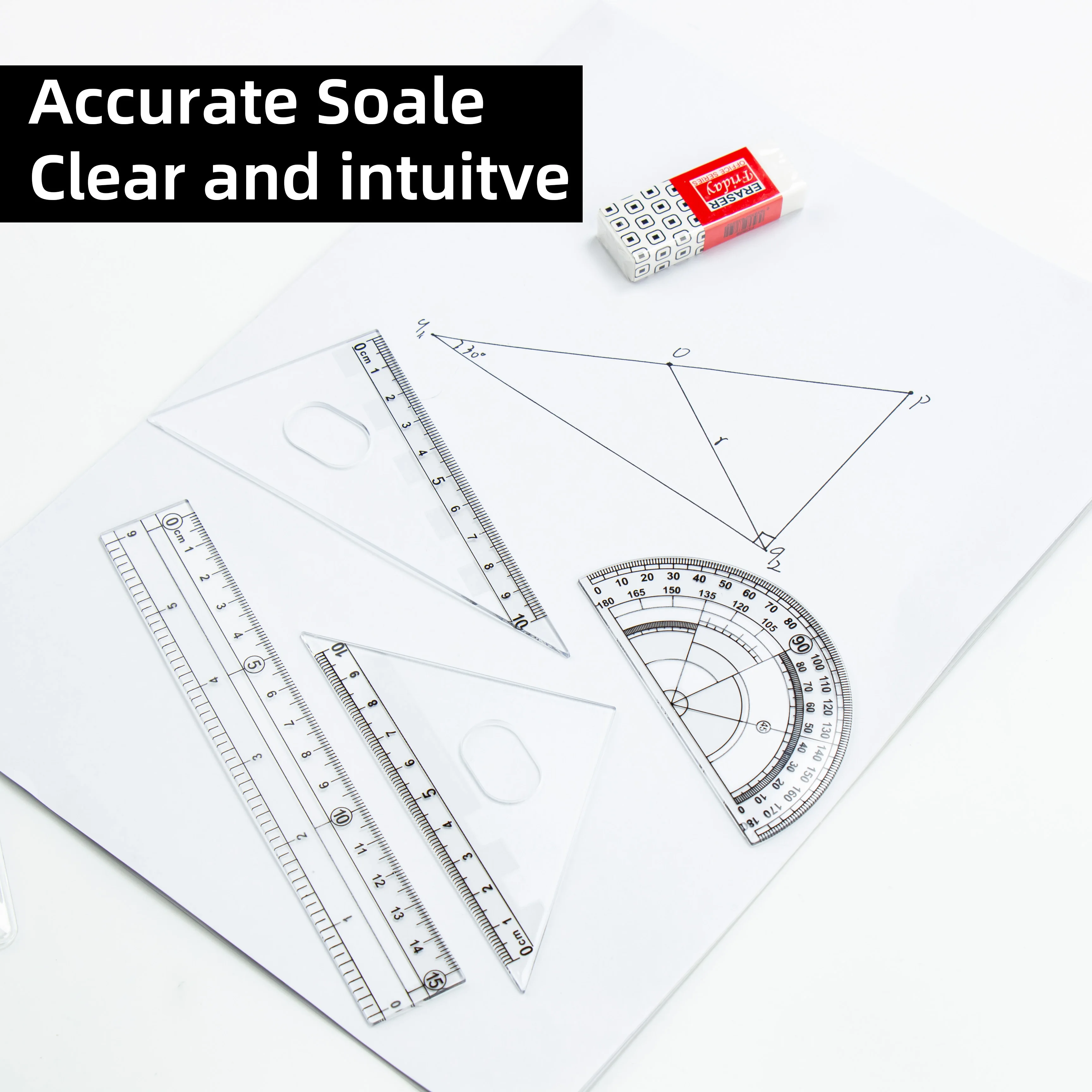 Frosted Ruler Set with Clear Scale - Drawing and Drafting Rulers with Triangle and Protractor for Accurate Measurement