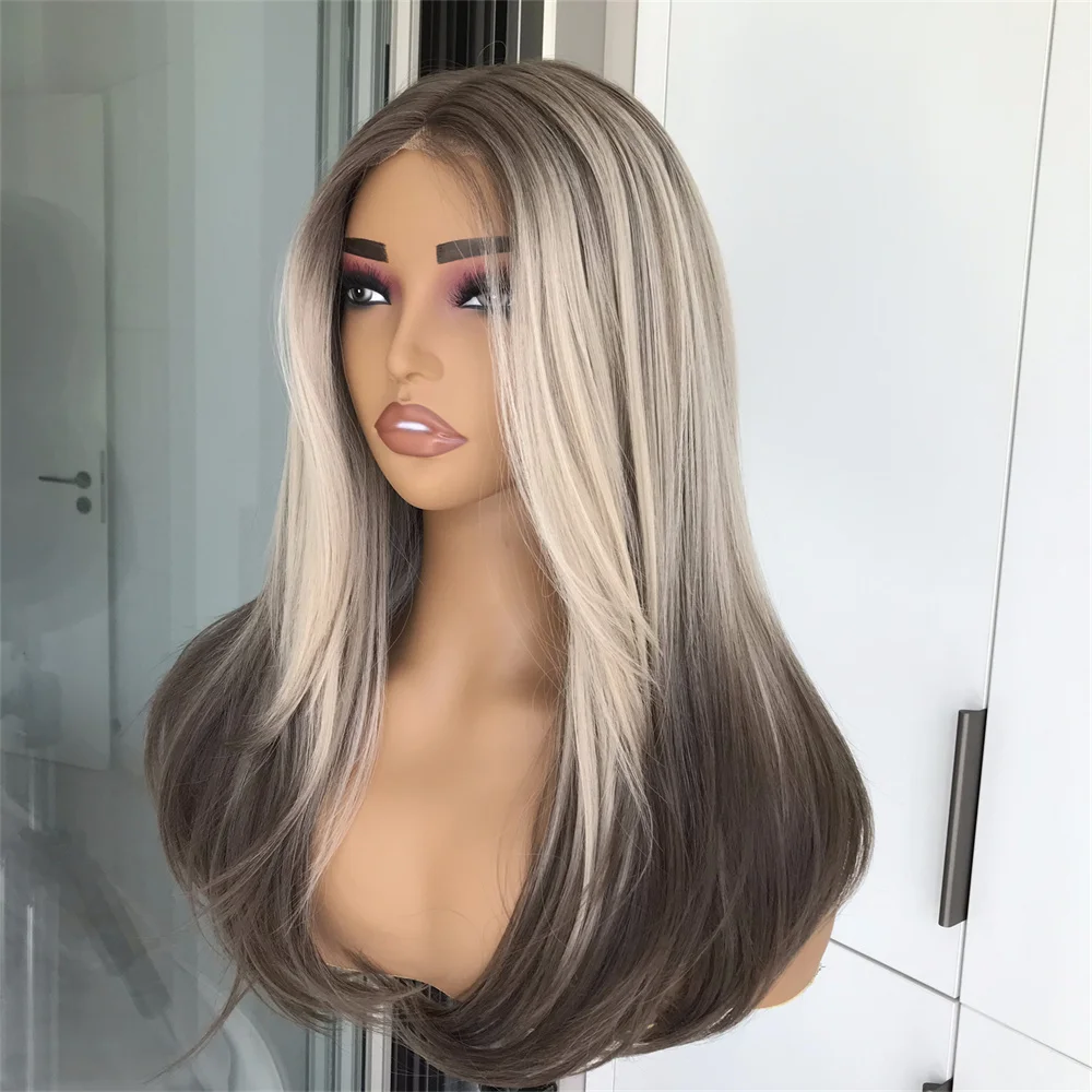 Wear and Go Layered Wig Pre Cut Pre Plucked for Beginner Synthetic Lace Front Wig with Bangs Straight Wigs for Women Highlights