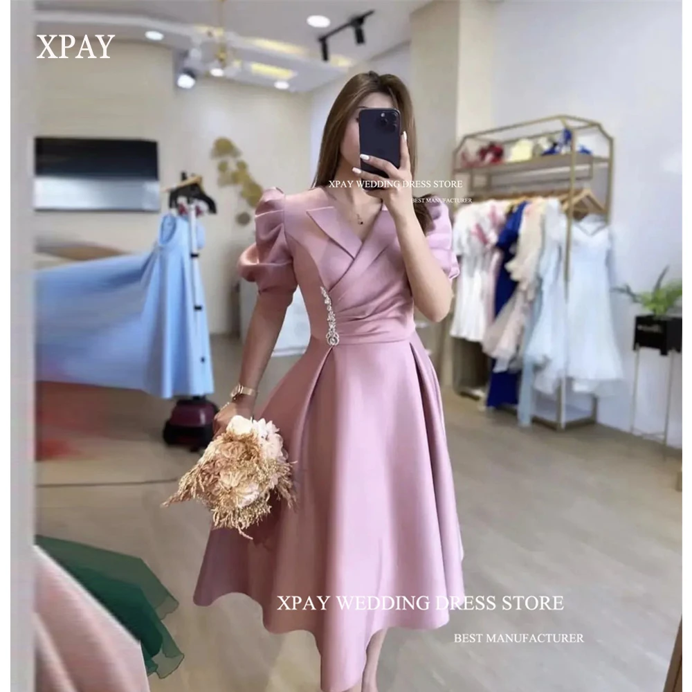 XPAY Vintage Blush Pink White Short Evening Party Dresses Arabic Women Formal Gowns V Neck Sleeves Tea Length Cloth Outfit