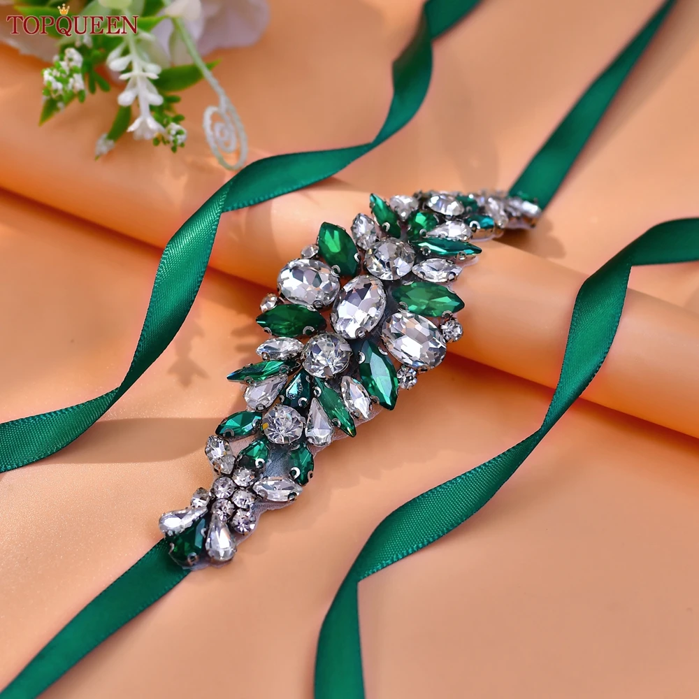 

TOPQUEEN New Green Sash Bridal Thin Belt Emerald Gemstone Applique Belt Wedding Accessories Bridesmaid Waist Decoration S128-KL