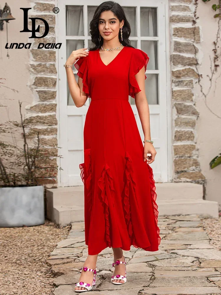 LD LINDA DELLA 2024 Summer Fashion Red Dress Women's V-Neck Splice Irregularity Draped Travel Long Patrty Dress