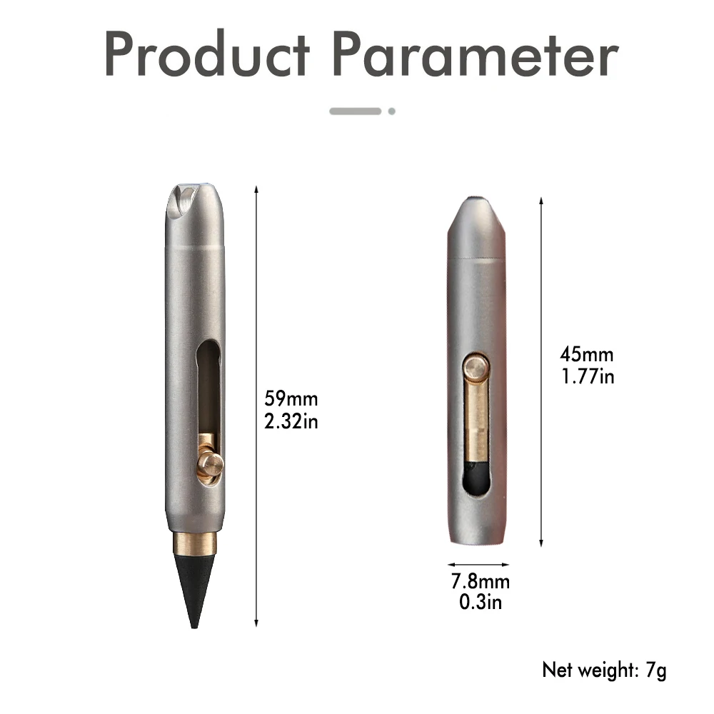 Nieuw eeuwig potlood van titaniumlegering heeft nooit slijpen nodig, draagbare zaksleutelhangerpen met uitwisbaar lood en schrijfhulpmiddel voor cadeau