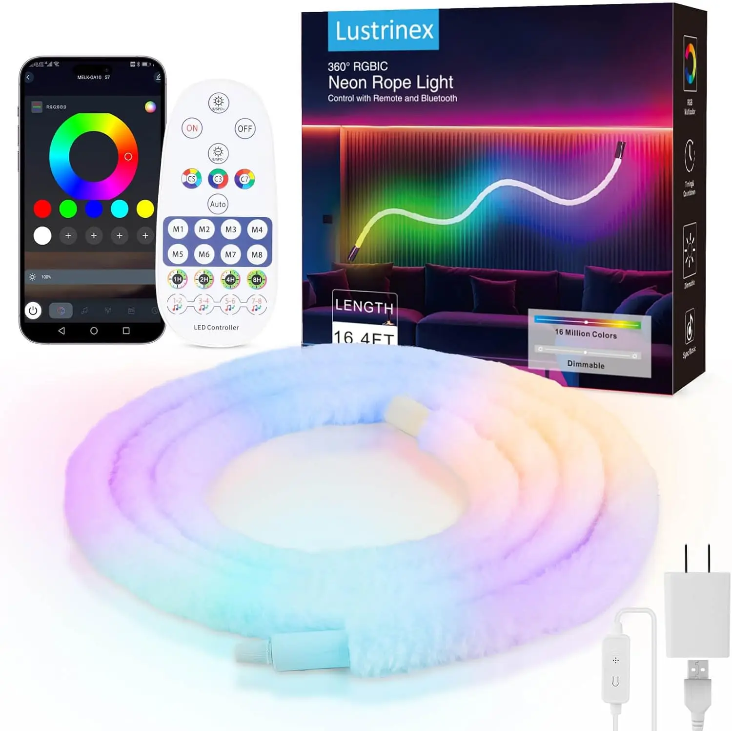 

Светодиодные неоновые гибкие ленты, 16,4 фута, RGBIC 360 ° Светодиодная лента с USB, Bluetooth, управлением через приложение, синхронизацией музыки, ИК-пультом для декора
