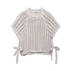 Hollow Out Knit Pullover Women Casual Round Neck Lace Up Bow Sweater Female Autumn Short Sleeves Solid Knitwears Lady