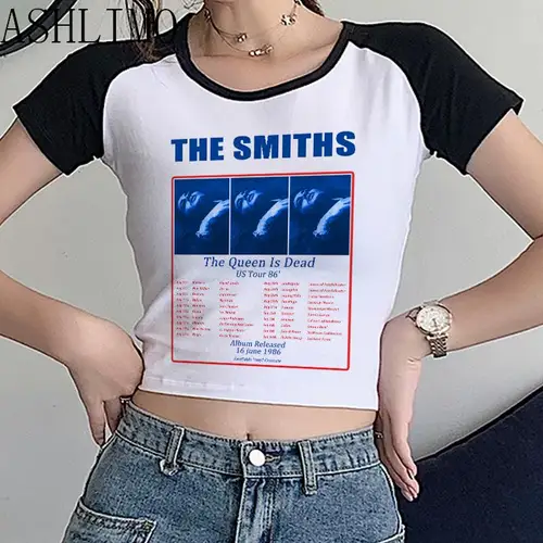 Women Crop Tee Rock Band Inspired Tee The Smiths 그래픽 티 Morrissey Johnny Marr 귀여운 Y2k 미적 티셔츠 블랙 반팔 