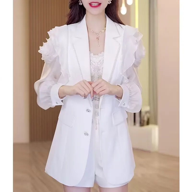 High-End Fashion Suit Jacket Women\'s Thin Temperament Mid-Length Stitching Yarn Sleeve White Suit Blazer Coat for Summer 2023