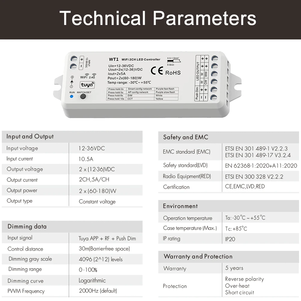 Atenuador inteligente LED, Kit de controlador de atenuación de tira LED CCT de 2 canales, 12V, 24V, 36V, 2,4G, Control remoto RF, Interruptor táctil