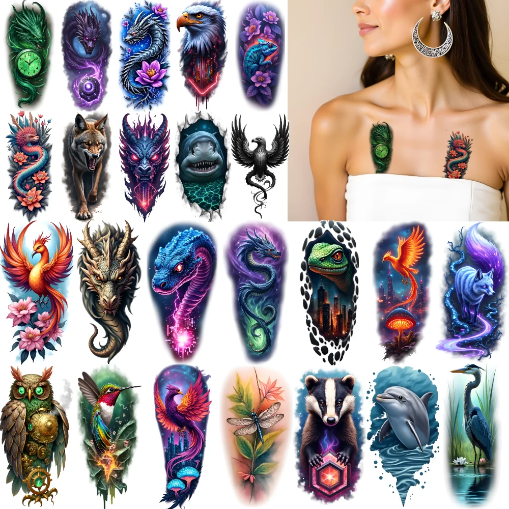 9 pièces tatouage temporaire Dragon bleu avec Aura tatouages temporaires réalistes blaireau avec hexagone Dragon vert réalisme coloré pour