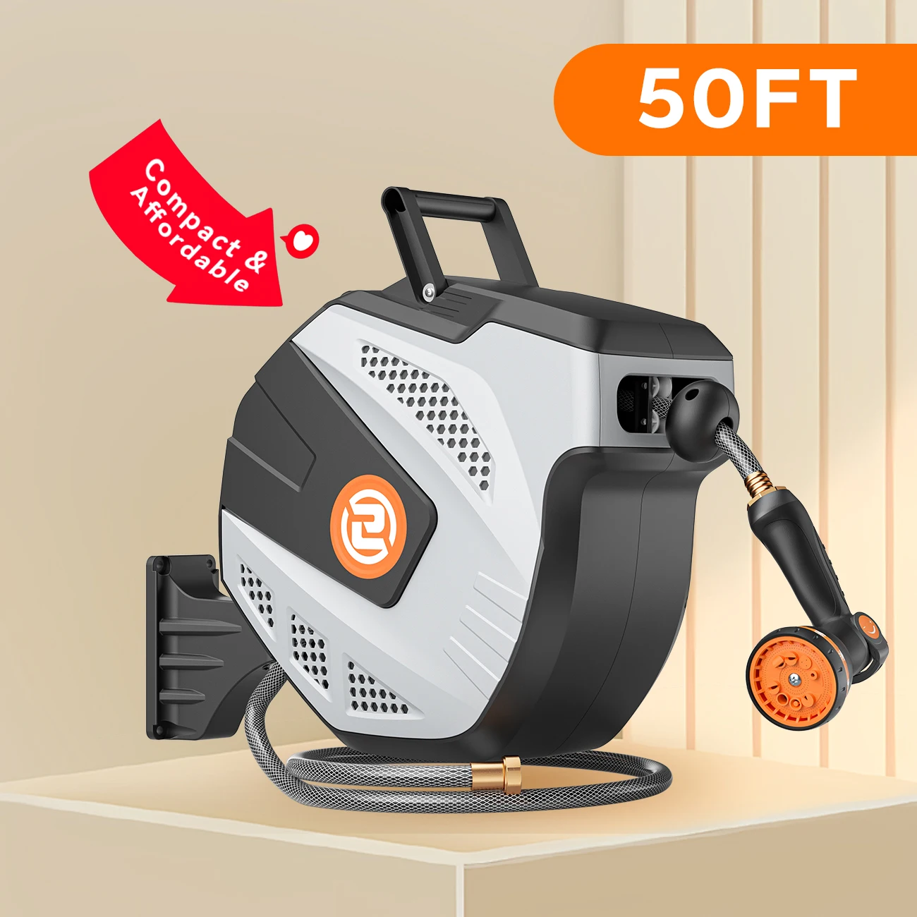SUNPOW Self Retracting Hose Reel 50ft-115ft, Wall Mount Retractable Garden Water Hose Reel, Automatic Rewind Hose Reel with 10 Function Spray Nozzle, 180° Swivel Heavy Duty for Garden Yard Car Washing