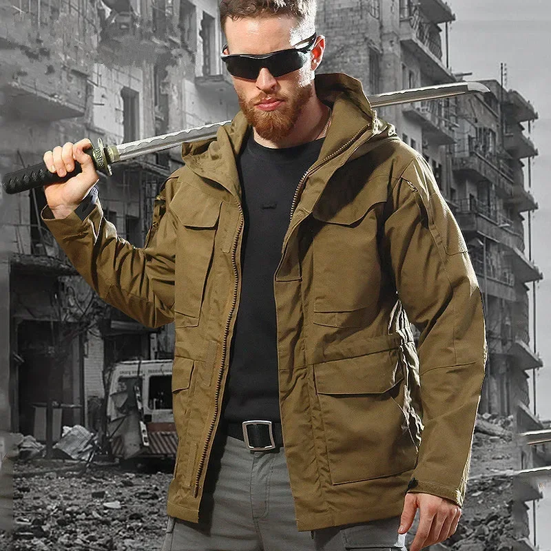 Men's Spring Long Tactical Jacket Hooded Trench US Army Field Military Hiking Jacket Outdoor Coats Waterproof Windbreaker