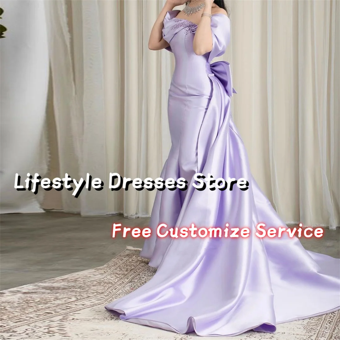 

Lilac Satin Luxury Evening Dresses Beaded Bow Mermaid Saudi Arabia Prom Dress Removable Train Off Shoulder Wedding Party Gown