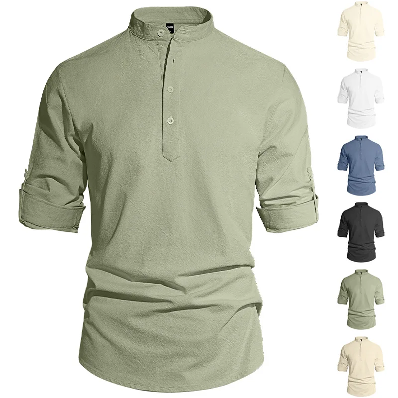 

Men's Pure Color Stand Collar Long Sleeve Cotton Linen Shirt Casual Large Size Fashionable Leisure Shirt Male Business Style