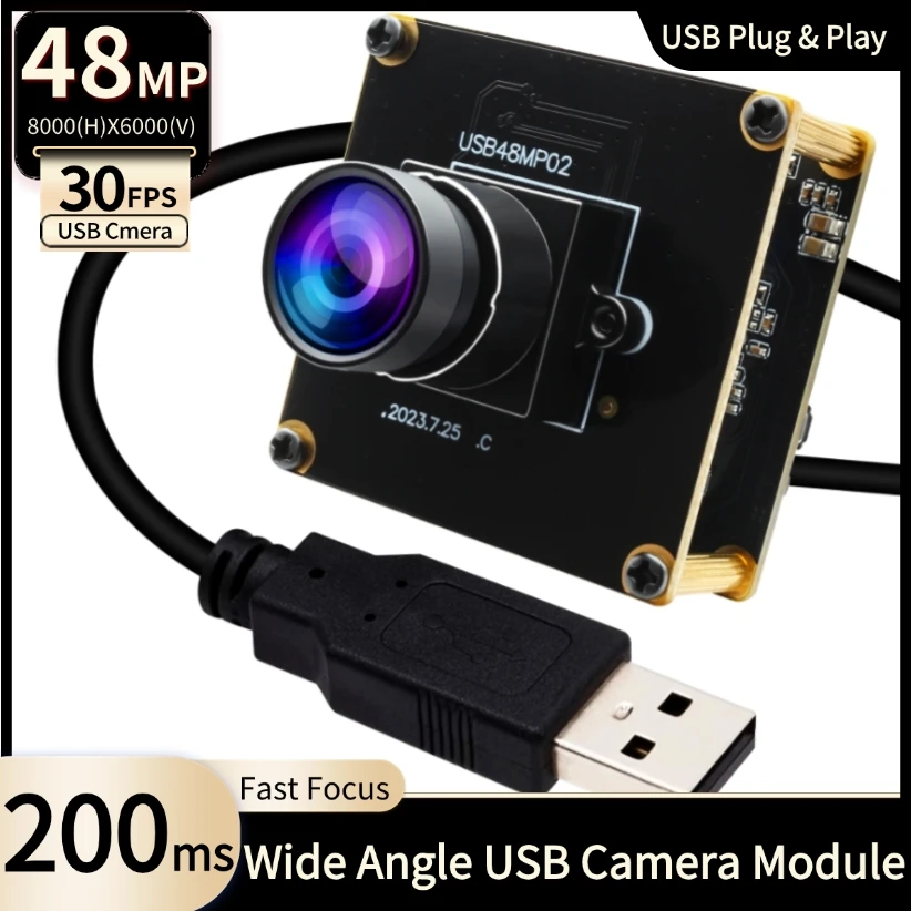 ELP 48MP Wide Angle USB Camera Module CMOS  IMX586 Fixed Focus Industrail Video USB Webcam with No Distortion Lens for PC,Laptop