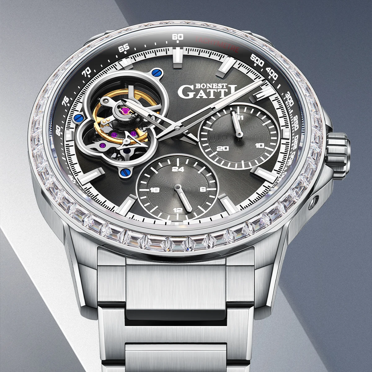 

Мужские автоматические часы BONEST GATTI, 42 мм, с ажурным циферблатом, многофункциональные, с браслетом из нержавеющей стали