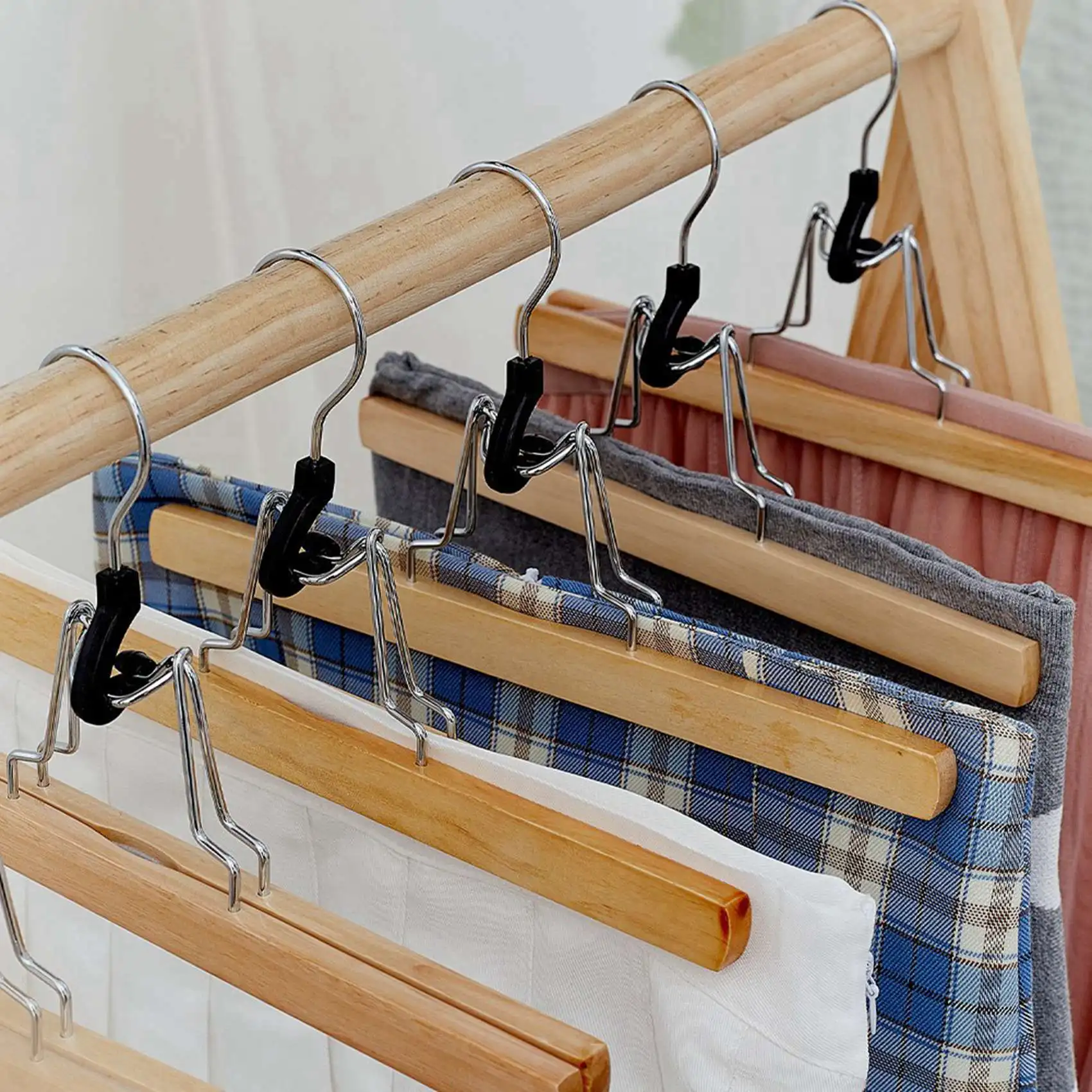 AFOURT-16er-Pack Hosenhalter für Zuhause, Holzstrecker, Klemmhalter, Rutschfest, mit Drehhaken, Schlafzimmer-Kleiderorganizer – Detail 2