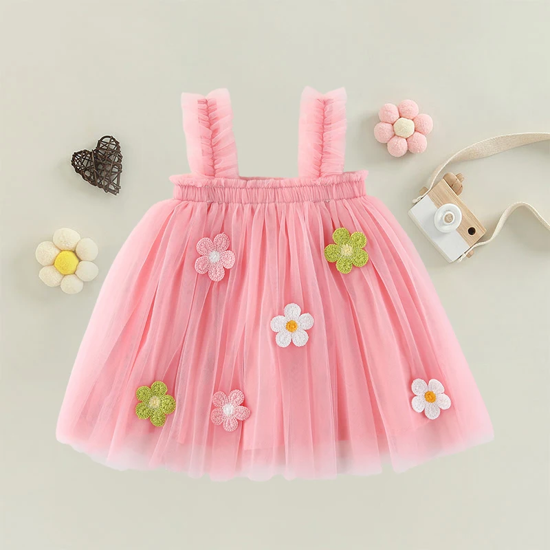 6M-5Y Toddler Baby Girls Summer Sling Dress Sleeveless Flower Embroidery A- line Tulle Princess Dress Kids Birthday Party Dress