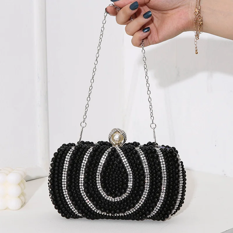 New Women Evening Clutches Vintage Ladies Pearl Dinner Handbag Hand-beaded Embroidered Bag Diamond-studded Banquet Dress Pouch