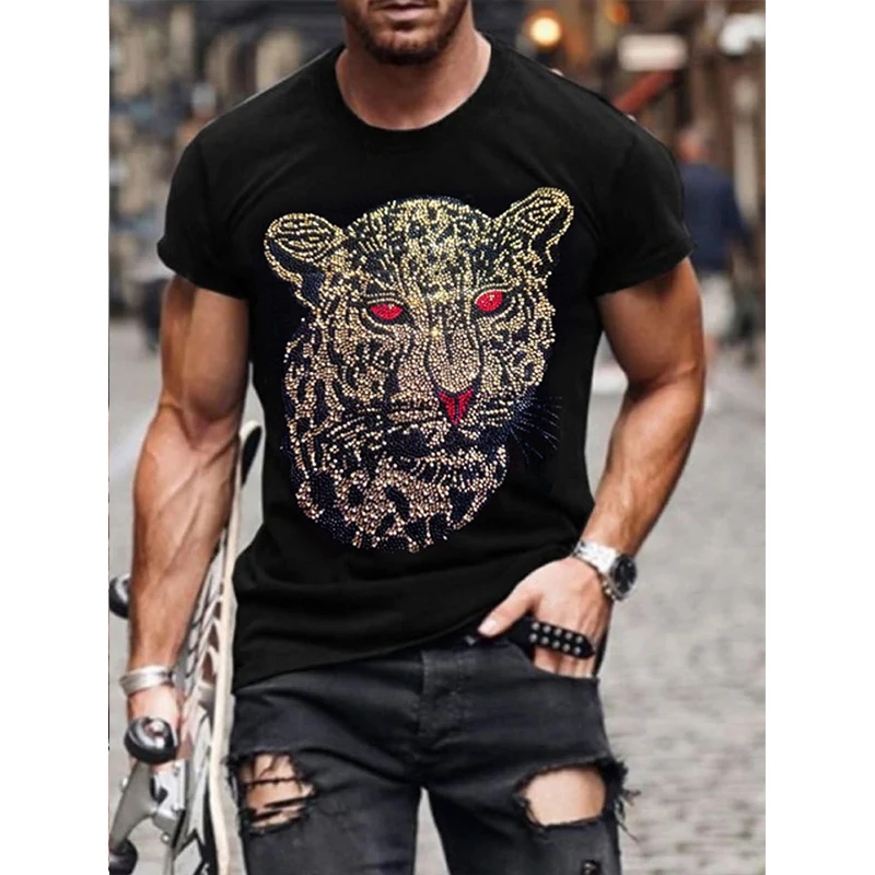 New Mens Quality Fashion T-Shirts Casual Hip Hop Short Sleeve Skull Hot Drill Men Clothing Tee Tops O-Neck Rhinestone Tshirt Y2K