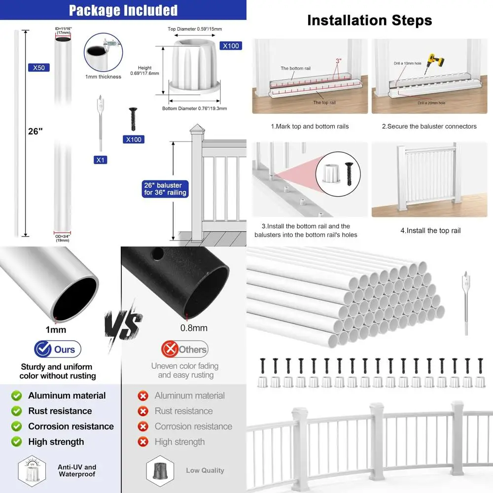 

Set of 50 26 Round White Deck Balusters with UV Protection for Railing