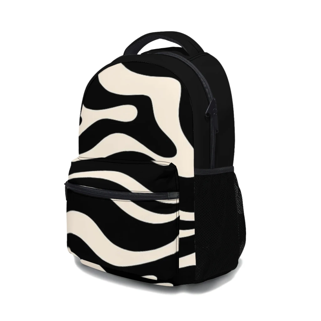 Mochila universitária impermeável de alta capacidade para crianças, redemoinho líquido, padrão abstrato, quadrada em creme preto e amêndoa, moderna, 17"