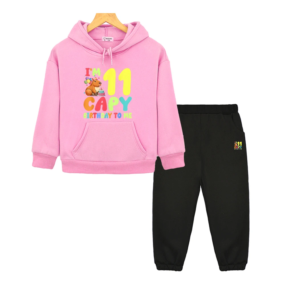 

Capybara Balloon cake anime hoodie Fleece sweatshirt 2pcs pullover+Pant jacket boy girl Sports Hooded Sets kids boutique clothes