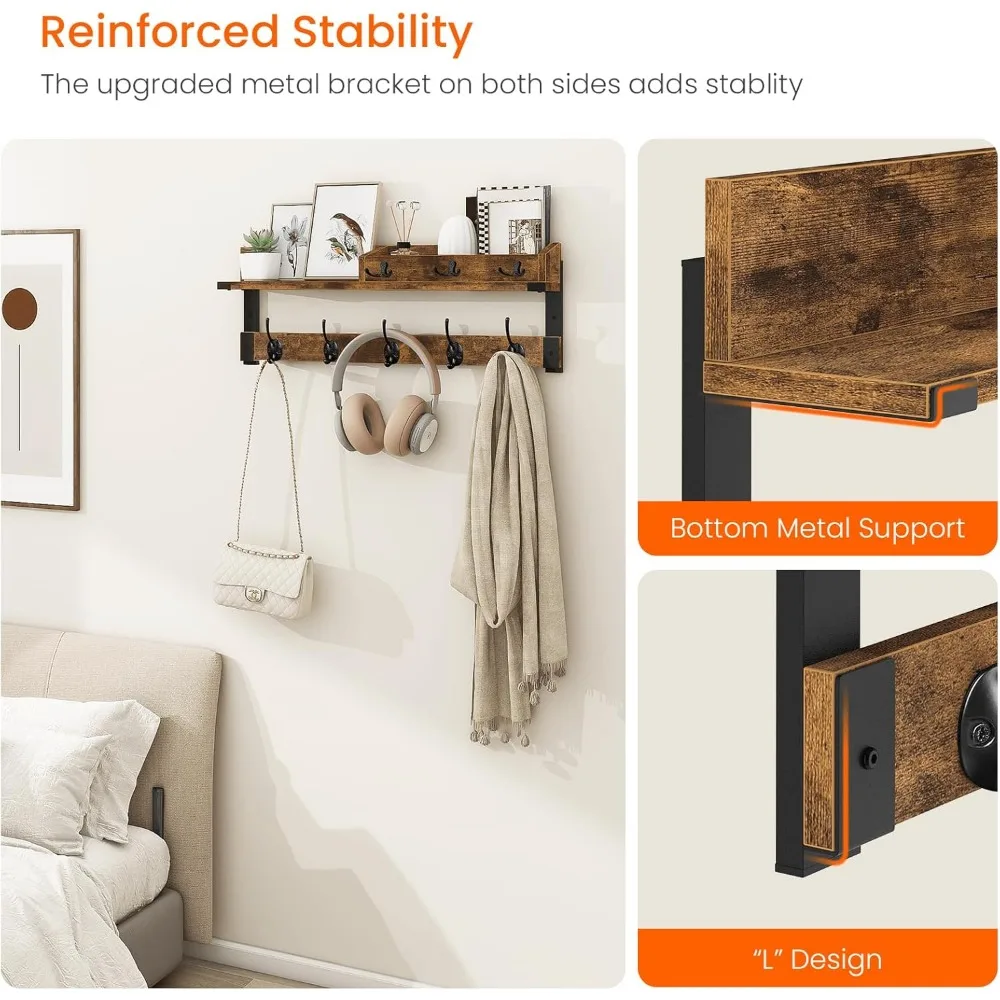رف معطف خشبي مثبت على الحائط مع رف وخطافات، منظم مدخل مقاس 26 بوصة مع مساحة تخزين للمفتاح والبريد