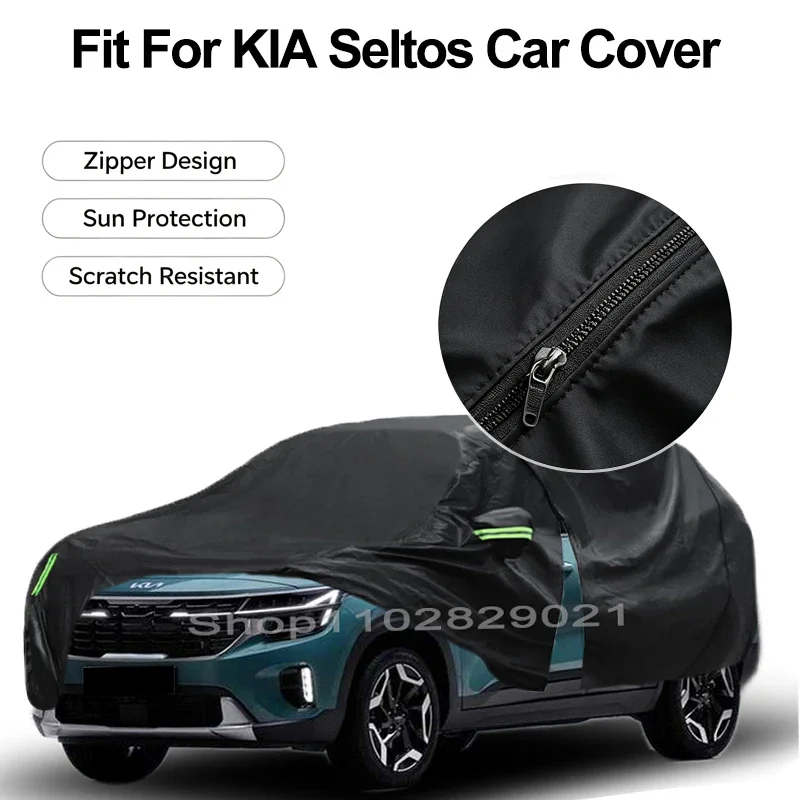 Zipper Door Waterproof Car Cover For KIA Seltos Windproof Dustproof UV Protection All Weather Auto Protector