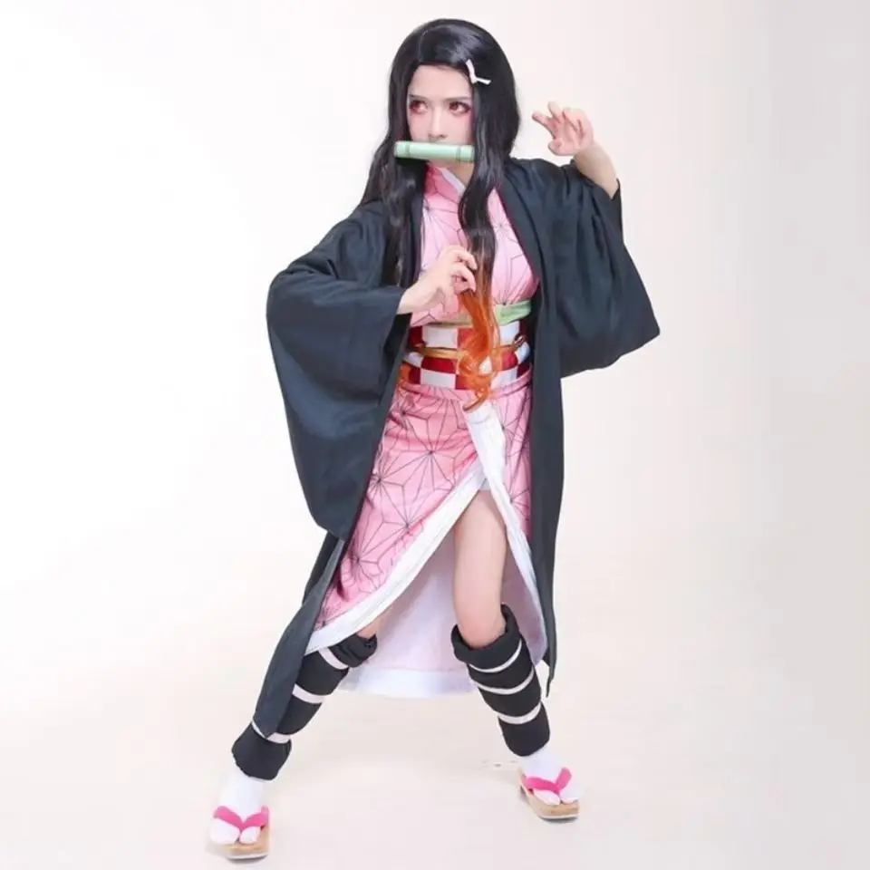 Kamado Nezuko Anime Cosplay Costume, Kimono, Perruque, Uniforme, Hallween, Femmes, Enfants