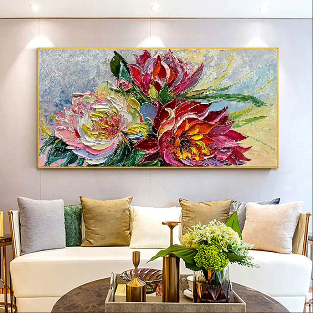 

Handmade Oil Paintings Wall Art Modern Abstract Flowers Thick Oil Knife Drawing Interior Decorative for Home Living Room Decor