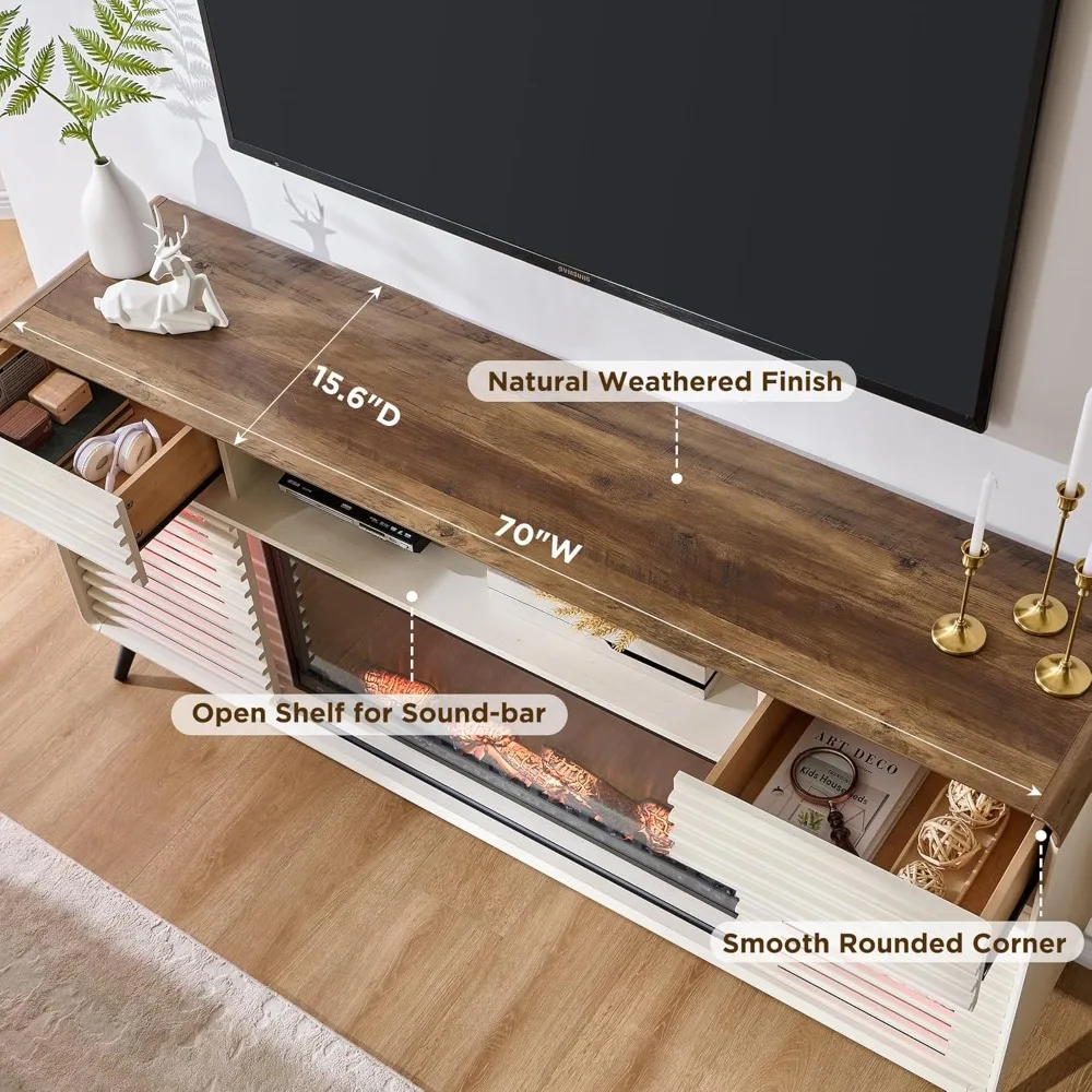 RedLemon Fireplace TV Stand for 80 Inch TV, Mid Century Modern Entertainment Center with 36 Electric Fireplace & Led Lights, Woo