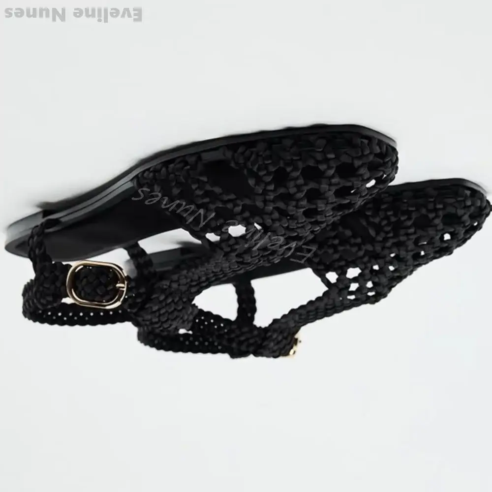 All-match Hand-woven Sandals Women Gold Hollow One Word Belt Round Toe Flat Casual Sandals 2025 Summer Beach Vacation Sandals