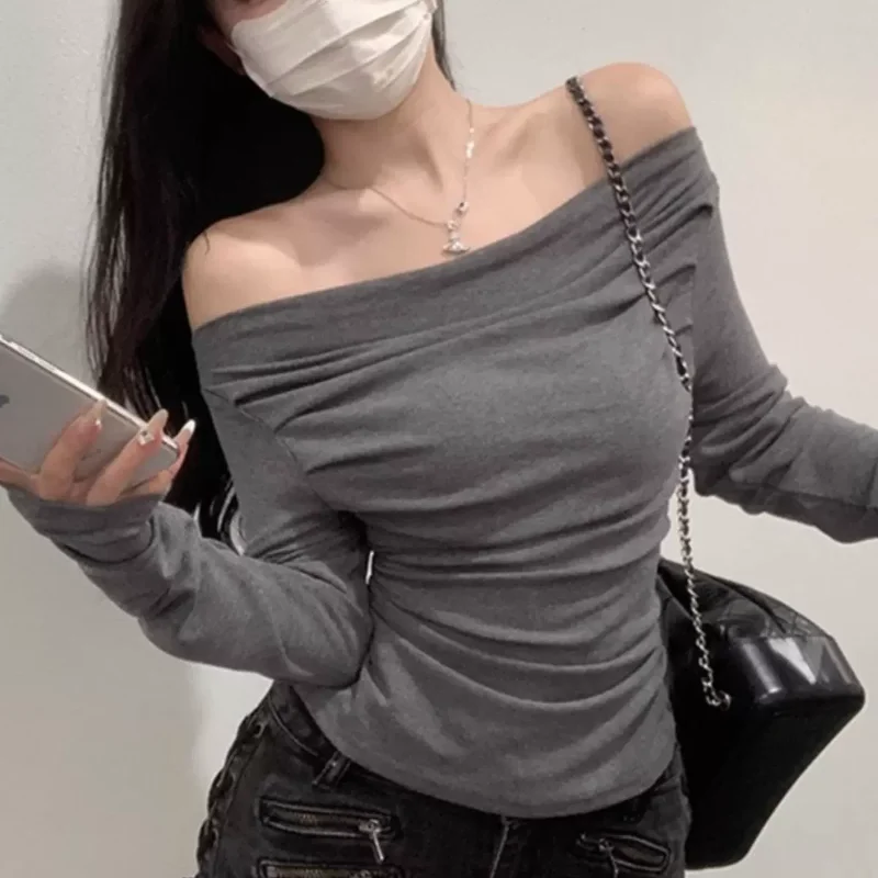 Pullovers Women Summer Folds Off Shoulder Sexy All-match Long Sleeve Knitted Tops Minimalist Cozy Korean Style Attractive Chic