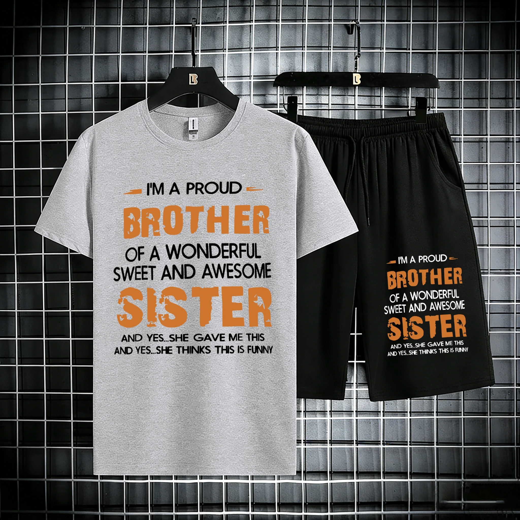 

Friendliness Of Brothers And Sisters Prints Man'S Cotton Summer Daily T-Shirt Set Street Gym Tees Oversize Simple Sport Shorts