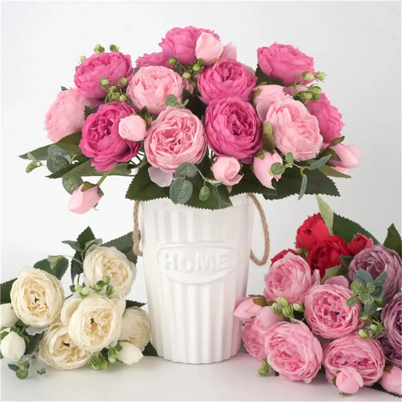 

30cm Rose Pink Silk Peony Artificial Flowers Bouquet 5 Big Head and 4 Bud Cheap Fake Flowers for Home Wedding Decoration indoor