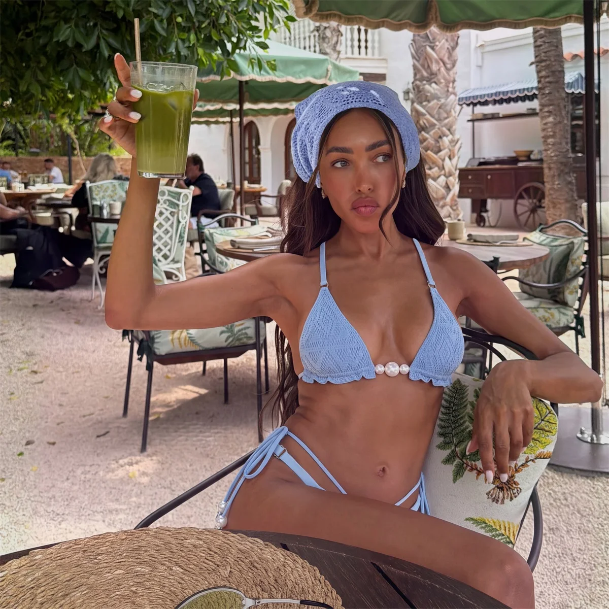 Crochet 3Pcs Sexy Bikini Set Women Swimsuit Bandeau Biquini Handhook Swimwear Female Mesh Skirt Swim Suit Bathingsuit Beachwear