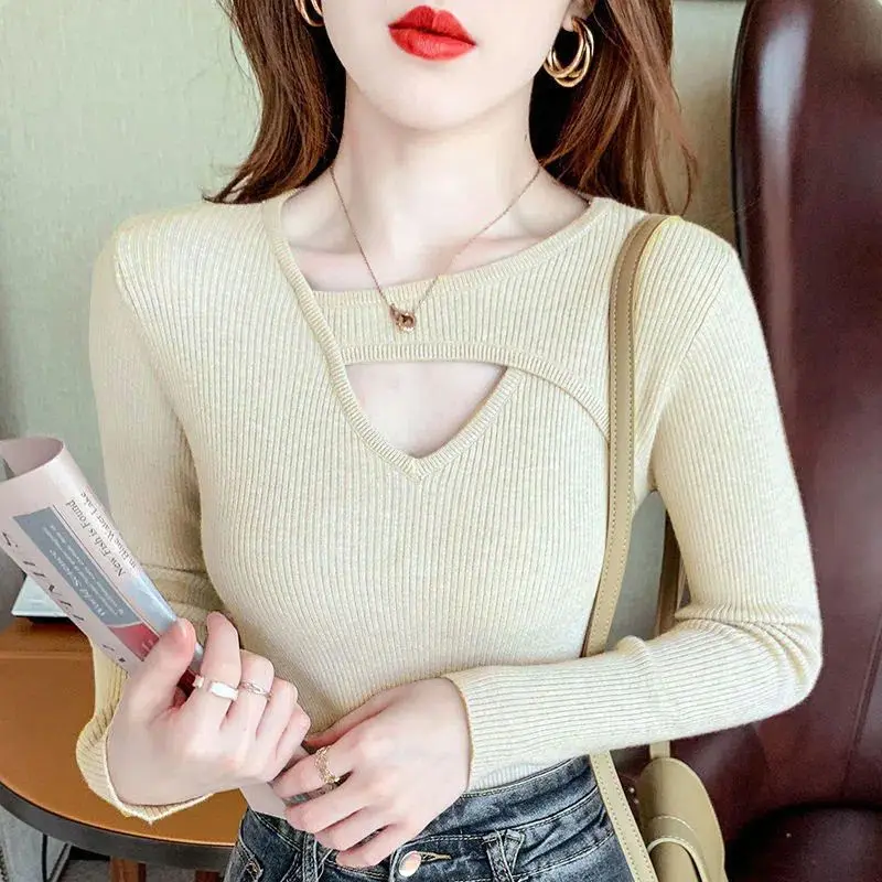 Spring Autumn Fashion Hollow Out Spliced Solid Tops Women\'s Clothing Slim Simplicity Long Sleeve Pullovers T-shirt for Female