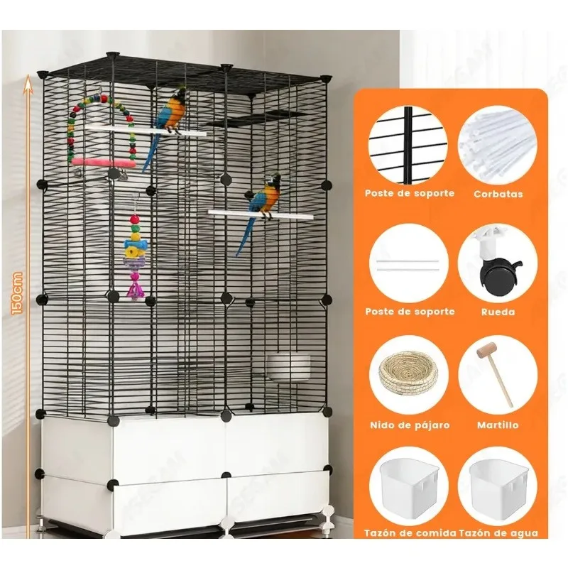 Bird Cage 2-layer Splash-proof Board Parrot with Pulley Bird  Large Aviary Metal