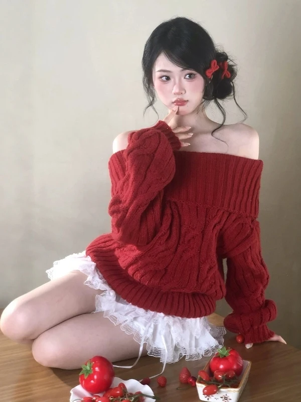 

Свитер Cisas женский, мягкий, уютный, на одно плечо, красный, вязаный, длинный, повседневный, свободного кроя, модный, осенне-зимний, новинка