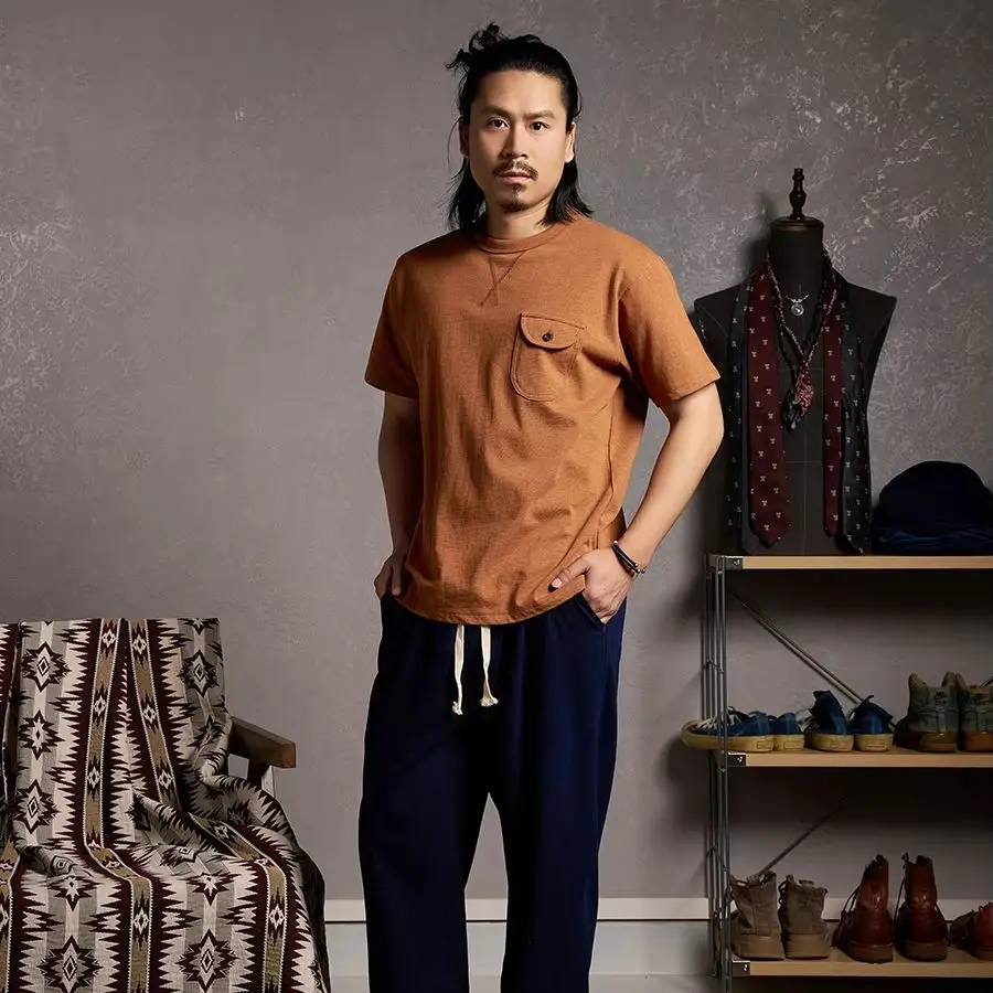 

2025 New Summer Vintage Cotton Casual T-Shirt Men Orange Short Sleeve T-Shirt Basic Soild Round Neck Pocket T-Shirt