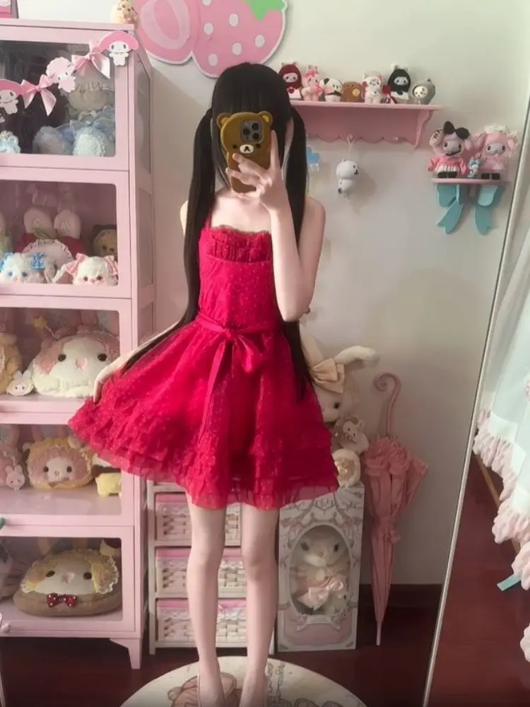 

Japan Retro Vitality Dress Spring New Style Thousand Gold Wave Dot Lace-Up Puff Skirt