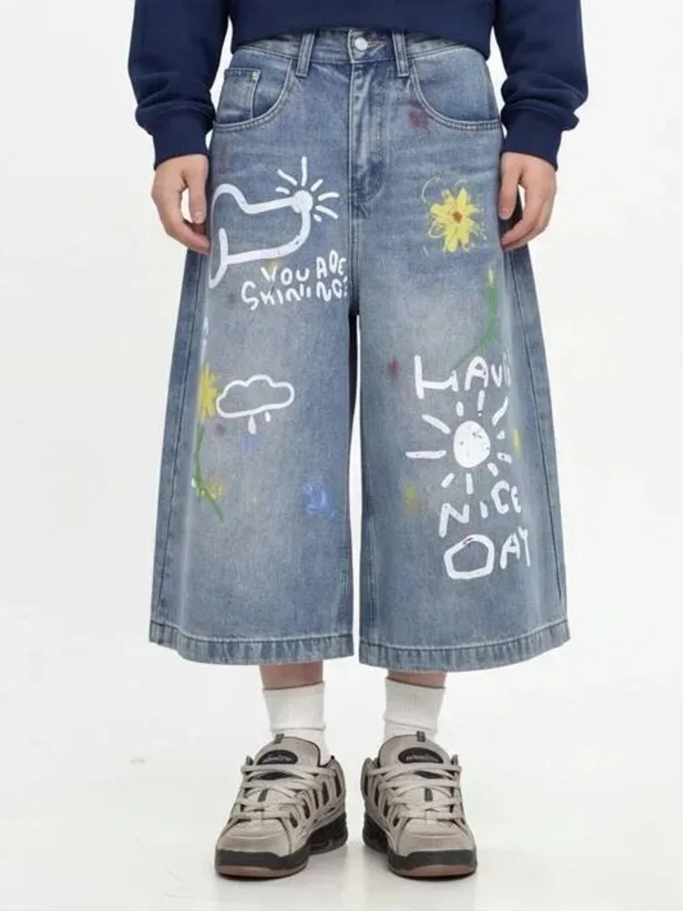 Light Cartoon Me'ns Wahsed Blue Denim Shorts Summer Trendy Printed Graffiti Pants Retro Loose Fit Cropped Trousers B9EI