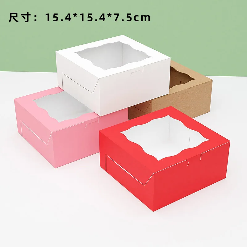 

100pcs 15.4x15.4x7.5cm Brown Pink Red Paper Gift Wrap Boxes Wedding Party Cookies and Candy Cake Boxes Transparent PVC Windows