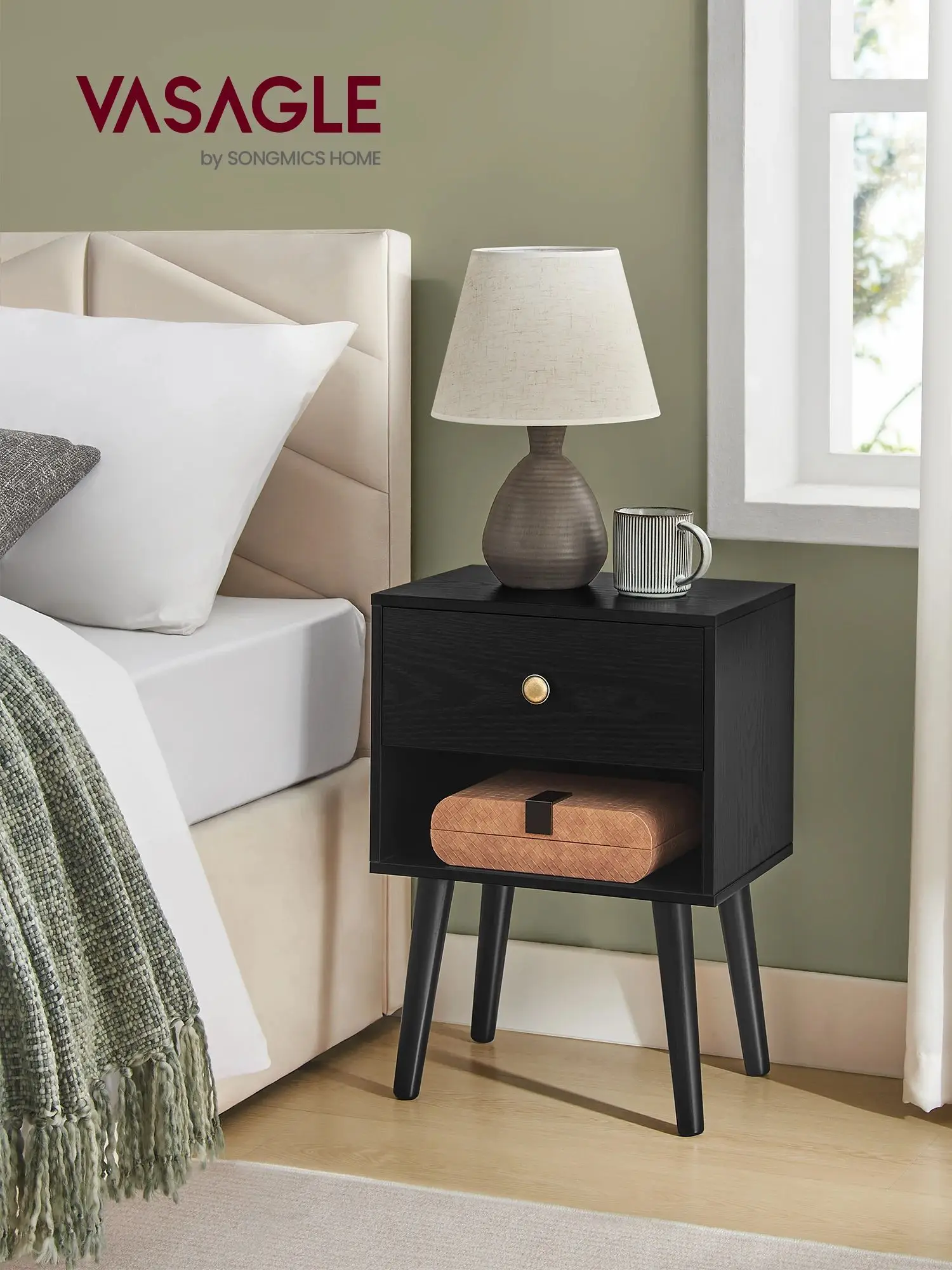 VASAGLE Bedside Tables, Set of 2, Side Table with Storage Drawer and Open Shelf, Solid Wood Legs, End Table