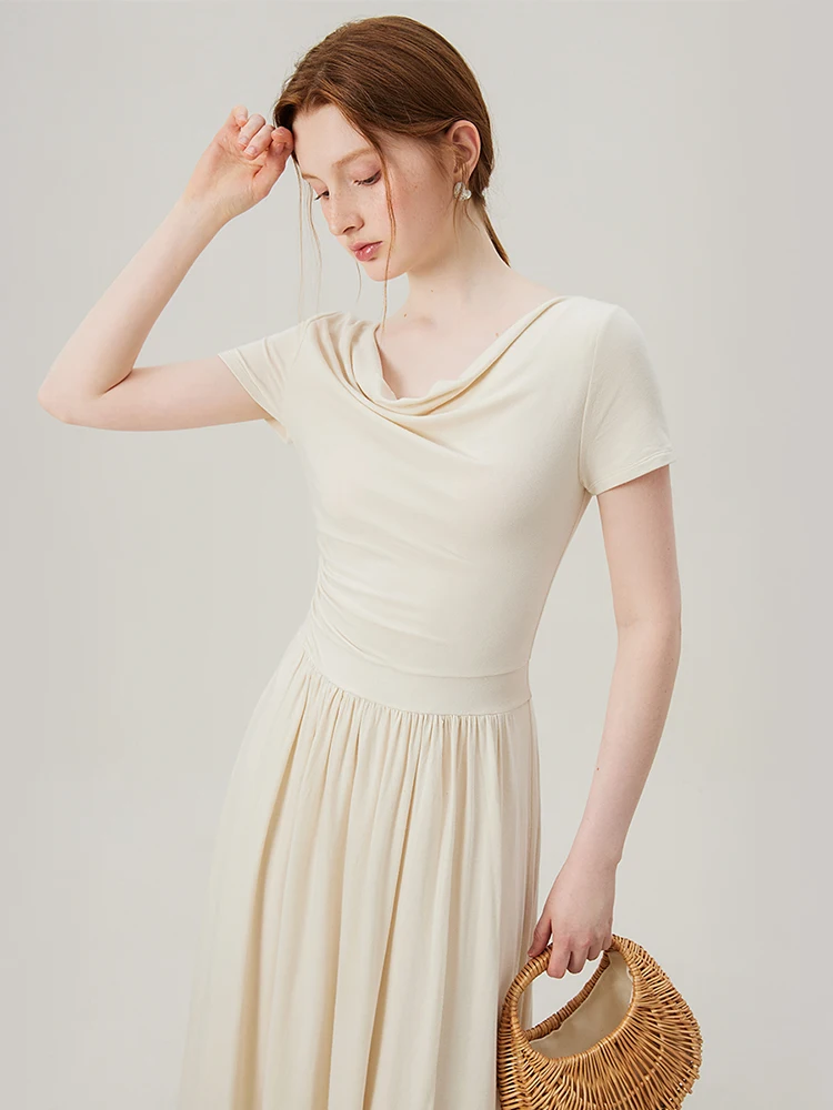 FSLE Soft Swing Collar Knitted Ladies Commuting Versatile Casual Summer Dress 2024 Summer New Slim Fit Long Dress 24FS12452