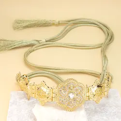Sunspicems New Arabic Women Waist Chain Hand Rope Tassels Morocco Caftan Belt Gold Color Crystal Middle Eastern Robe Decoration