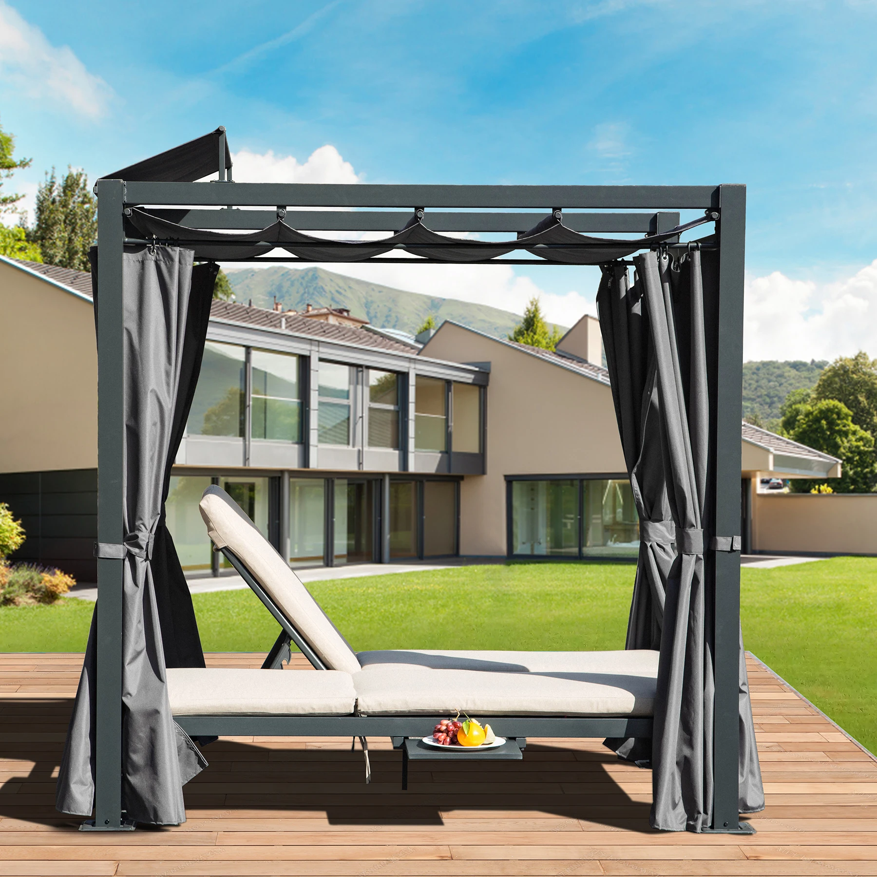 

Outdoor Rust-proof Steel Adjustable Lounger Swimming Sun Lounger With Canopy and Cushions