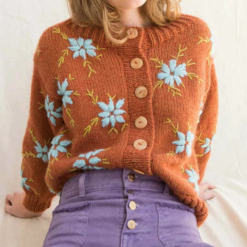 Floral Cardigan Winter Orange Sweet Cute Cardigans Women Boho Style Long Sleeve Embroidery Buttons Knit Sweater for Women 2022