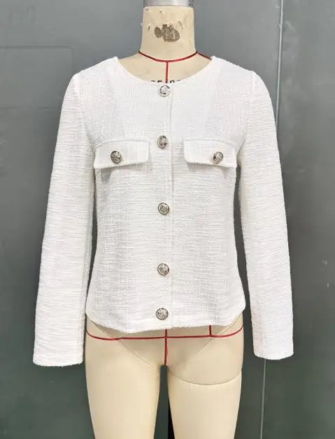 秋らしい無地のラウンドネックボタンアップショートジャケット、エレガントな社交界スタイルと小さな香りの漂う気質を備えたショートジャケット