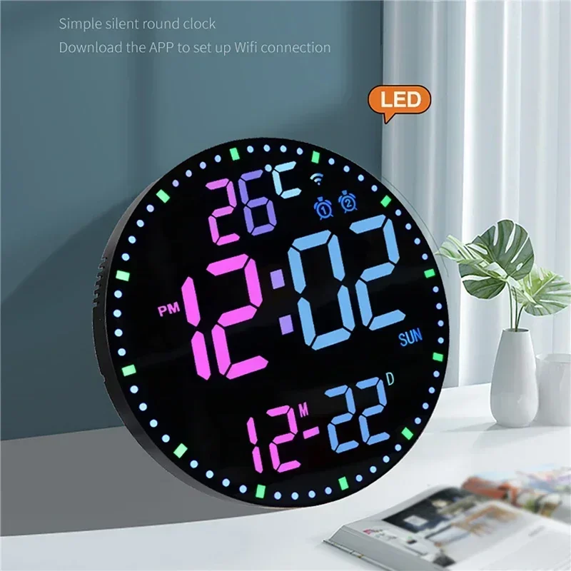 Wifi App Control RGB LED Wall Clock with Dual Alarms Living Room Temperature Date Time Week Display Electronic Alarm Clock