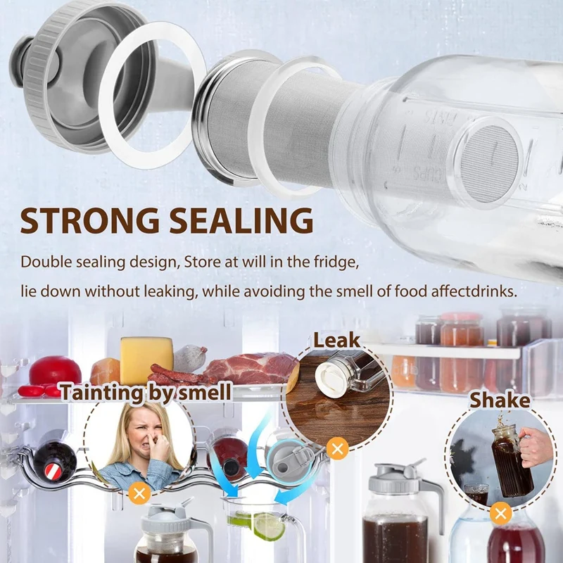 Cold Brew Coffee Filter with Pour Spout Lid for 64 OZ Wide Mouth Jar, 304 Stainless Steel Strainer with Seal Ring-AT35